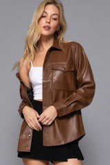 Long Sleeve Dark Brown Faux Leather Shacket Simmer & Fay