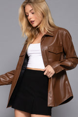 Long Sleeve Dark Brown Faux Leather Shacket Simmer & Fay