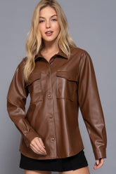 Long Sleeve Dark Brown Faux Leather Shacket Simmer & Fay