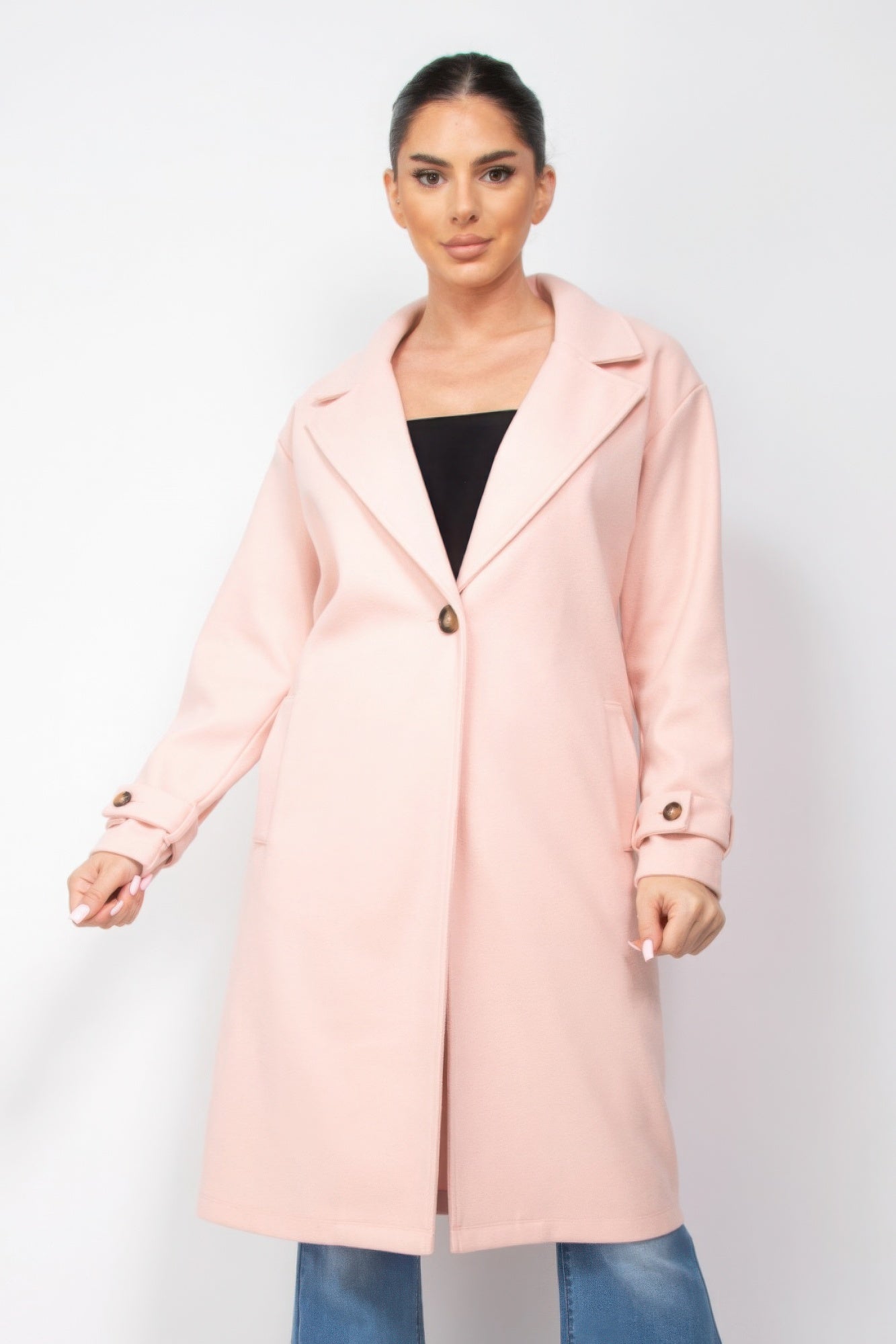 Blush Pink Longline Lapel Collar Woven Coat Simmer & Fay