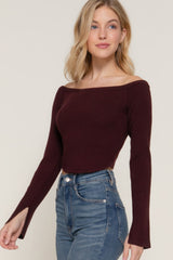 Maroon Long Flare Sleeve Off Shoulder Sweater Simmer & Fay