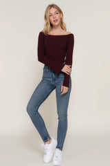 Maroon Long Flare Sleeve Off Shoulder Sweater Simmer & Fay