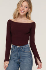 Maroon Long Flare Sleeve Off Shoulder Sweater Simmer & Fay
