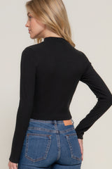 Mock Neck Long Sleeve Keyhole Rib Knit Top - Black Simmer & Fay