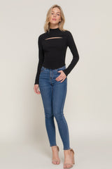 Mock Neck Long Sleeve Keyhole Rib Knit Top - Black Simmer & Fay