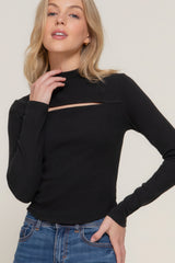 Mock Neck Long Sleeve Keyhole Rib Knit Top - Black Simmer & Fay