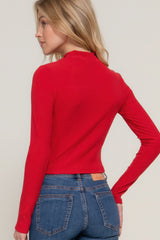 Mock Neck Long Sleeve Keyhole Rib Knit Top - Red Simmer & Fay