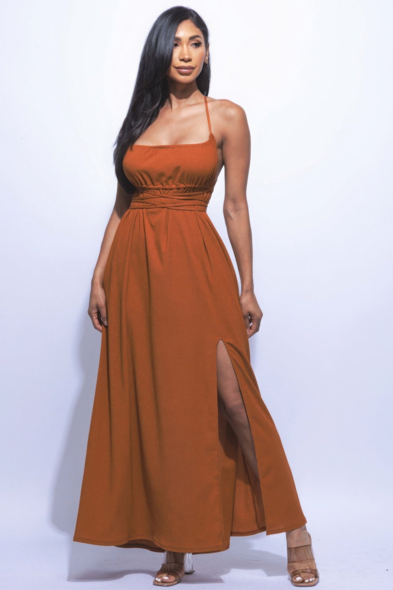 Strappy Tie Side Slit Maxi Dress in Mocha Simmer & Fay