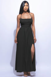 Strappy Tie Side Slit Maxi Dress in Black Simmer & Fay