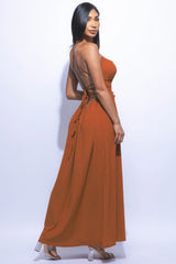 Strappy Tie Side Slit Maxi Dress in Mocha Simmer & Fay