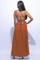 Strappy Tie Side Slit Maxi Dress in Mocha Simmer & Fay