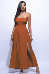 Strappy Tie Side Slit Maxi Dress in Mocha Simmer & Fay