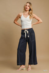 Wide Leg Soft Linen Pull On Pants in Navy Simmer & Fay