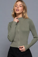 Olive Long Sleeve 2 Way Open Zipper Sweater Simmer & Fay