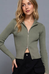 Olive Long Sleeve 2 Way Open Zipper Sweater Simmer & Fay