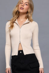Beige Long Sleeve 2 Way Open Zipper Sweater Simmer & Fay