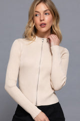 Beige Long Sleeve 2 Way Open Zipper Sweater Simmer & Fay