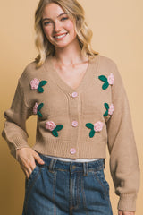 Khaki Mid Cropped Flower Detailed Cardigan Simmer & Fay