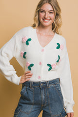 Off White Mid Cropped Flower Detailed Cardigan Simmer & Fay