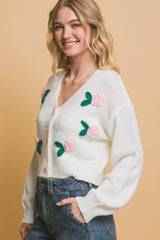 Off White Mid Cropped Flower Detailed Cardigan Simmer & Fay