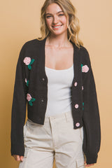 Black Mid Cropped Flower Detailed Cardigan Simmer & Fay
