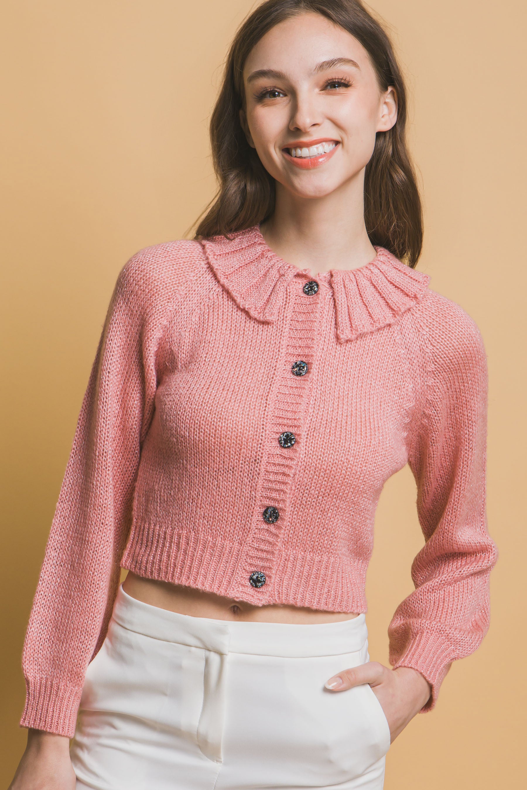 Pink Cropped Button Knit Sweater with Peter Pan Collar Simmer & Fay