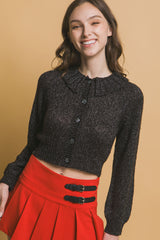 Black Cropped Button Knit Sweater with Peter Pan Collar Simmer & Fay
