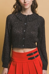 Black Cropped Button Knit Sweater with Peter Pan Collar Simmer & Fay