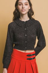 Black Cropped Button Knit Sweater with Peter Pan Collar Simmer & Fay