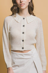 Off White Cropped Button Knit Sweater with Peter Pan Collar Simmer & Fay