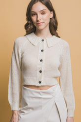 Off White Cropped Button Knit Sweater with Peter Pan Collar Simmer & Fay