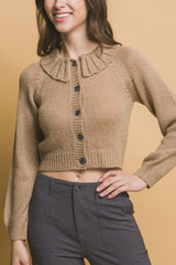 Khaki Cropped Button Knit Sweater with Peter Pan Collar Simmer & Fay