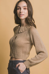 Khaki Cropped Button Knit Sweater with Peter Pan Collar Simmer & Fay