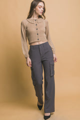 Khaki Cropped Button Knit Sweater with Peter Pan Collar Simmer & Fay