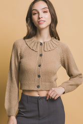 Khaki Cropped Button Knit Sweater with Peter Pan Collar Simmer & Fay