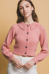 Pink Cropped Button Knit Sweater with Peter Pan Collar Simmer & Fay