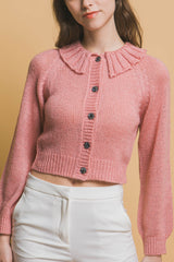 Pink Cropped Button Knit Sweater with Peter Pan Collar Simmer & Fay
