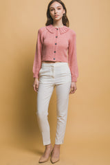 Pink Cropped Button Knit Sweater with Peter Pan Collar Simmer & Fay