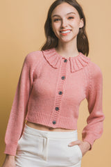 Pink Cropped Button Knit Sweater with Peter Pan Collar Simmer & Fay