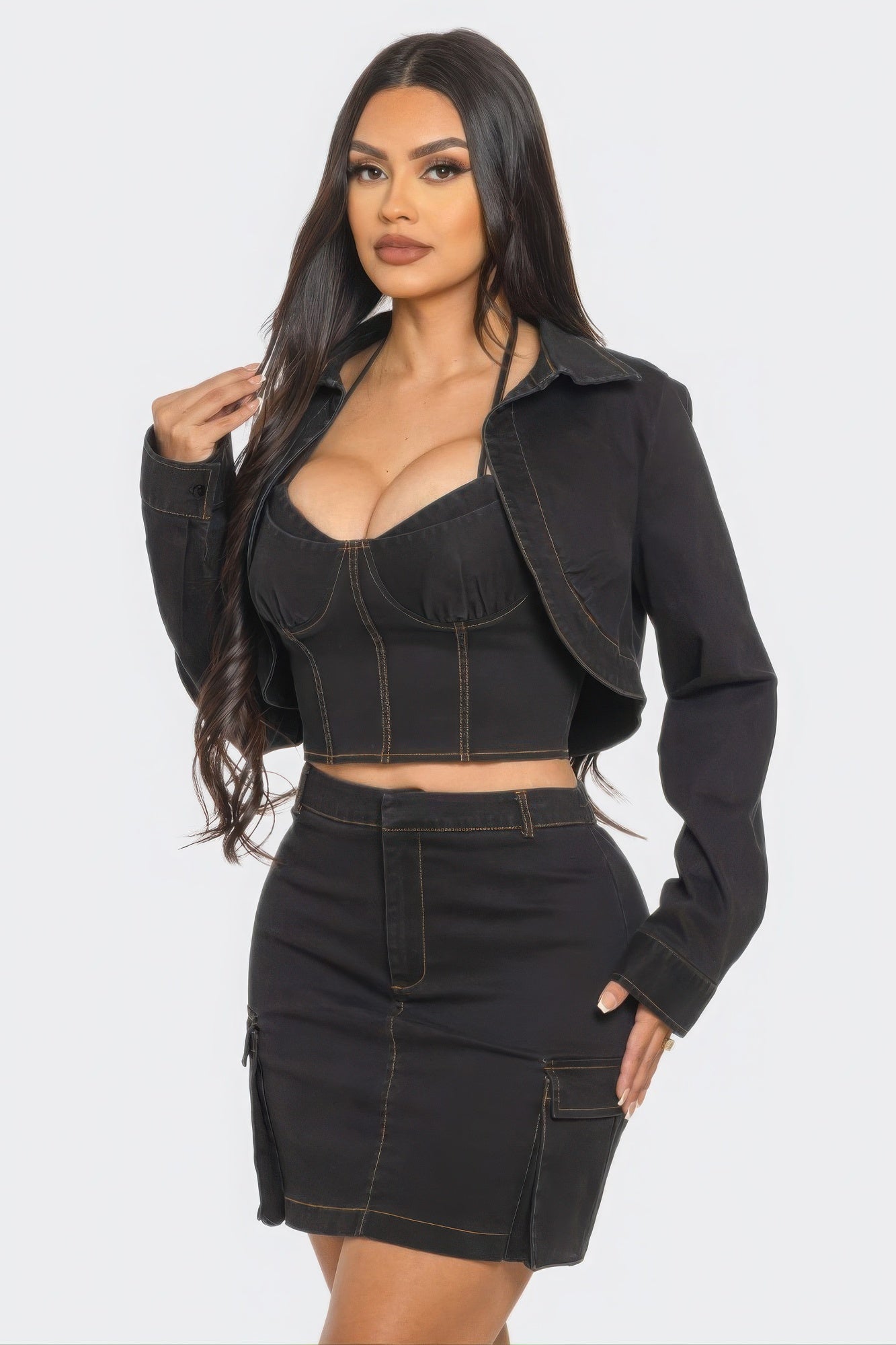 Black 3-Piece Set - Crop Top, Mini Skirt & Cargo Crop Jacket Simmer & Fay