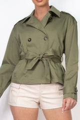 Double-breasted Cropped Waist-tie Green Trench Coat Simmer & Fay