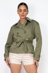 Double-breasted Cropped Waist-tie Green Trench Coat Simmer & Fay