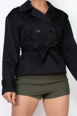 Double-breasted Cropped Waist-tie Black Trench Coat Simmer & Fay