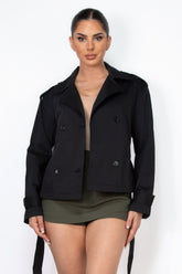 Double-breasted Cropped Waist-tie Black Trench Coat Simmer & Fay