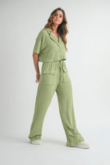 Sage Loungewear Set - Button-Up Crop Top & Wide-Leg Pants Simmer & Fay