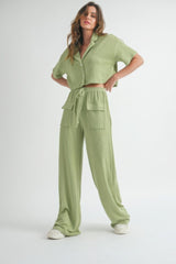 Sage Loungewear Set - Button-Up Crop Top & Wide-Leg Pants Simmer & Fay