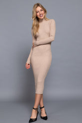 Long Sleeve High Neck Sweater Long Dress in Taupe Simmer & Fay