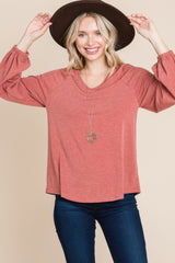 Casual V Neck Basic Long Sleeve Top in Rust Simmer & Fay