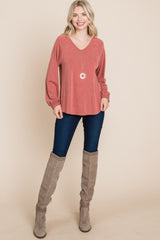 Casual V Neck Basic Long Sleeve Top in Rust Simmer & Fay