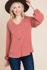 Casual V Neck Basic Long Sleeve Top in Rust Simmer & Fay